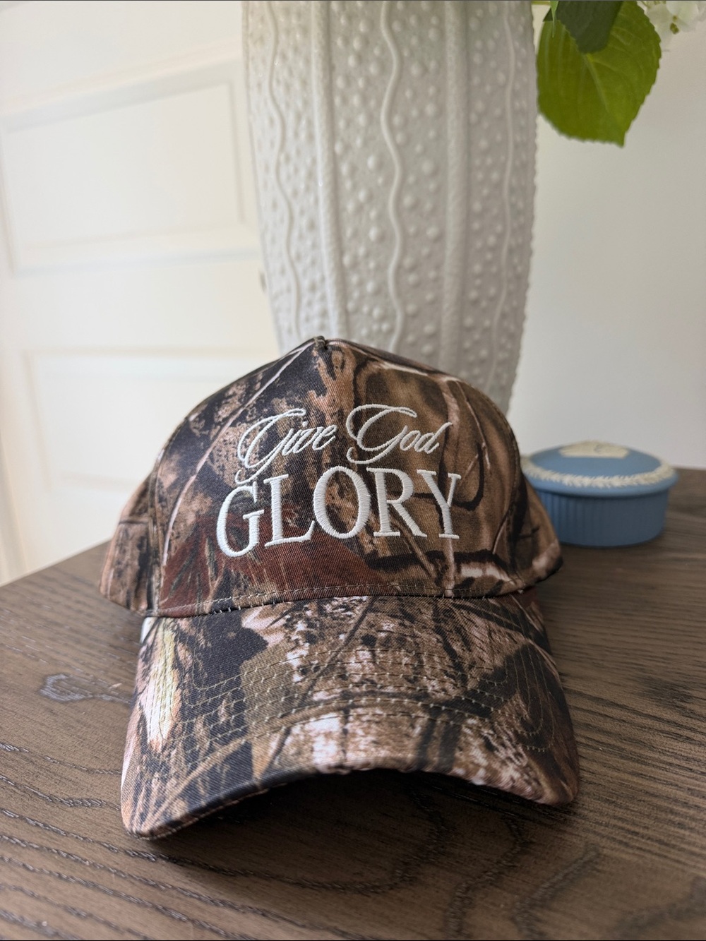 Give God Glory Embroidered Camo Trucker Hat
